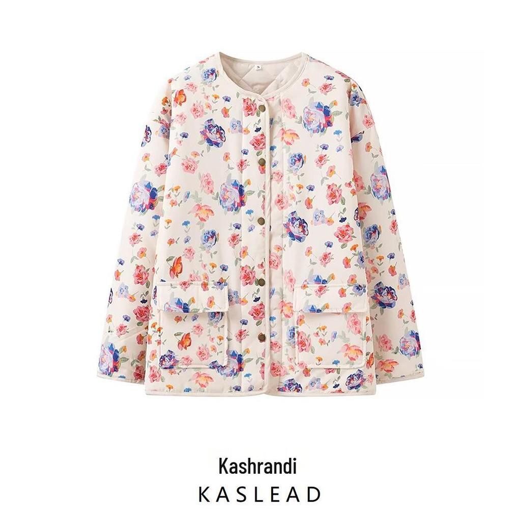 2024 Winter Women's European & American Style Loose Print Long Sleeve Cotton-Padded Jacket