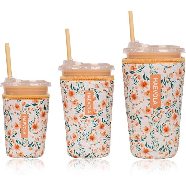 Reble Ulated Neoprene Iced Coffee Cup Sleeve, Durable Drink Sleeve for Cold Beverages, Beverage Holder for Iced Coffee, Floral Checkers