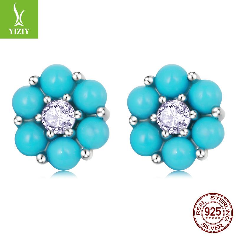 Simple Turquoise Flower Stud Earrings, Ear Buckles, Exotic Ethnic Style Stacked With 925 Tremella Jewelry In Stock.