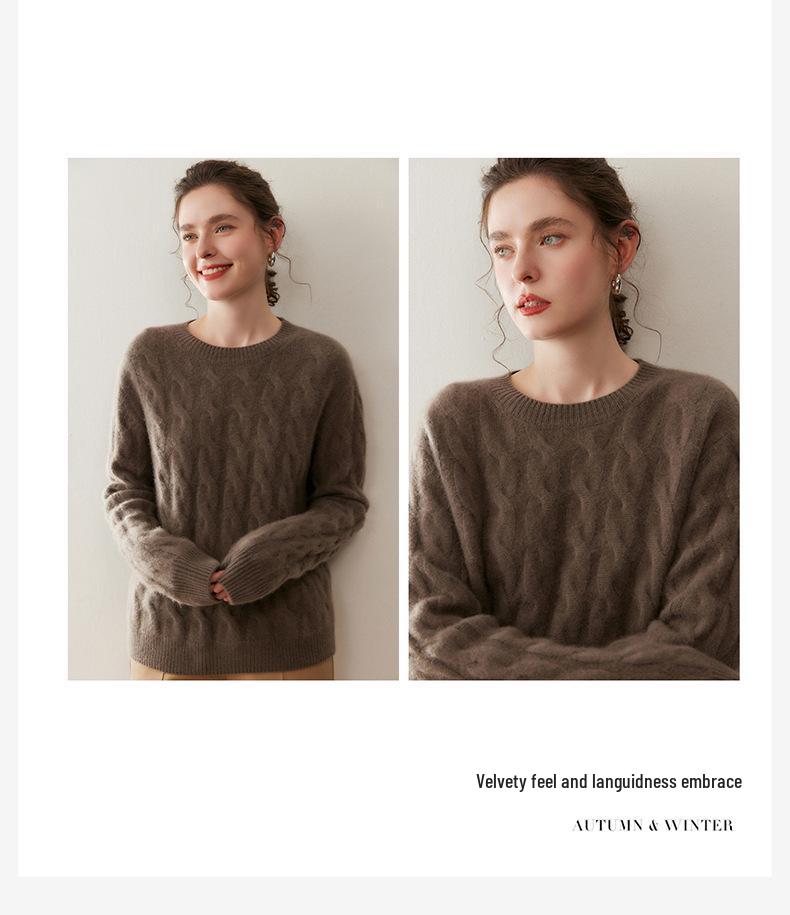 Women's Round Neck Cable Knit Cashmere Sweater - Thickened and Loose Fit for Autumn/Winter