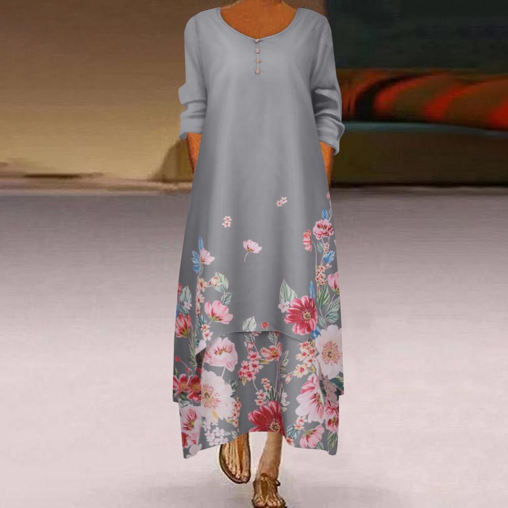 Womens Long Sleeve Floral Print O Neck Long Sleeve Irregular Loose Splice Maxi Dresses