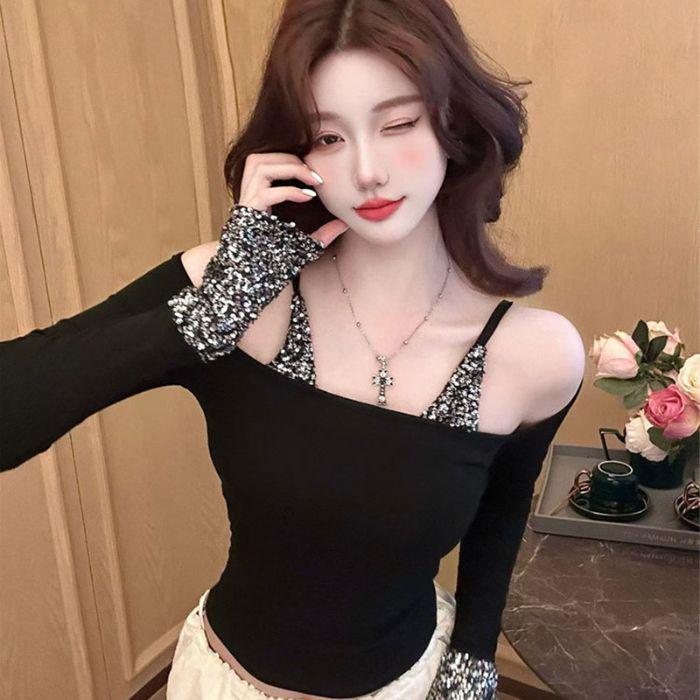 Women's Spicy French Sequin Patchwork Off-Shoulder Slim Fit Long Sleeve Top