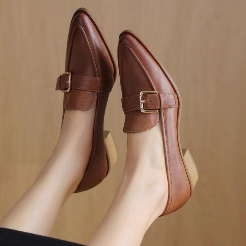 Fashion 2025 New Vintage Thick Heels Women Pumps Retro Buckle Genuine  Mature Pointed Toe Office Lady Working Spring Summer Shoes Woman