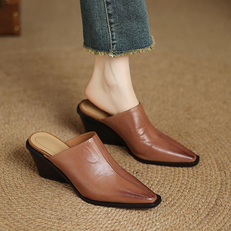 Fashion 2025 New Summer Women Mules Genuine Leather Women Shoes Pointed Toe Wedges Shoes High Heel Women Sandals Metal Modern Slippers