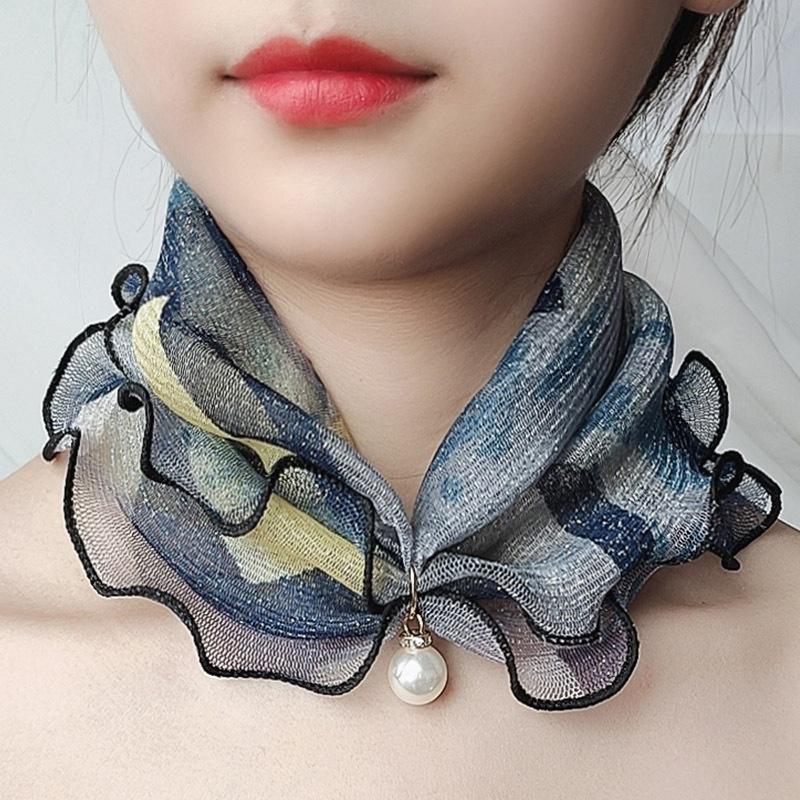 Fake Pearl Pendant Organza Neck Collar Chiffon Scarves Lace Pearls Scarf Fashion Print Shiny Variety Scarf Clothing Accessories