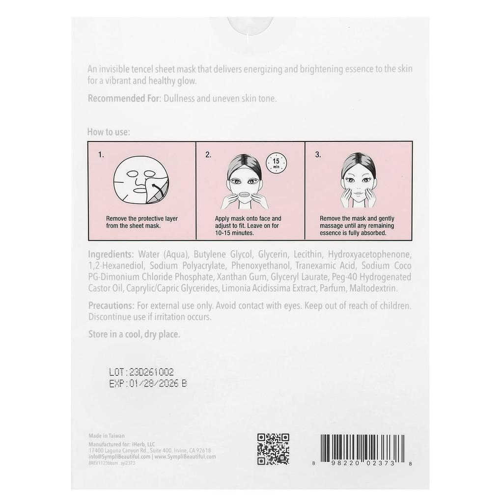 Sympli Beautiful, Brightening Beauty Sheet Mask, 5 sheet masks, 25ml (0.85oz) each