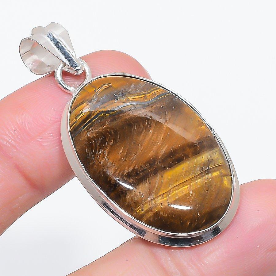 Natural Tiger Eye Gemstone 925 Sterling Silver Jewelry Pendant 1.97" Z4W86