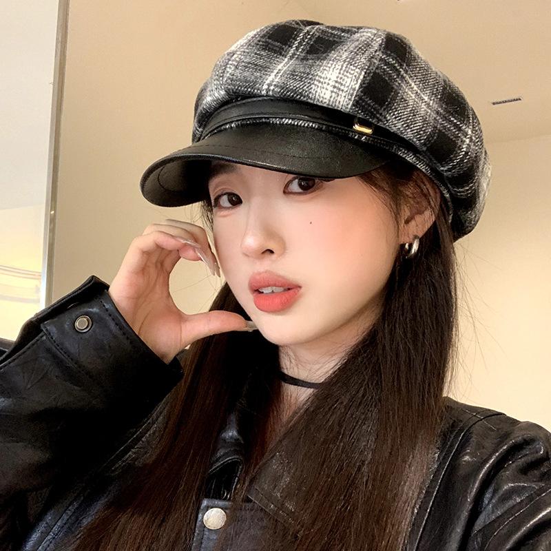 Hat Female Autumn and Winter Versatile Wool Duck Tongue Beret Show Face Small Warm Octagonal Hat Big Head Newsboy Hat
