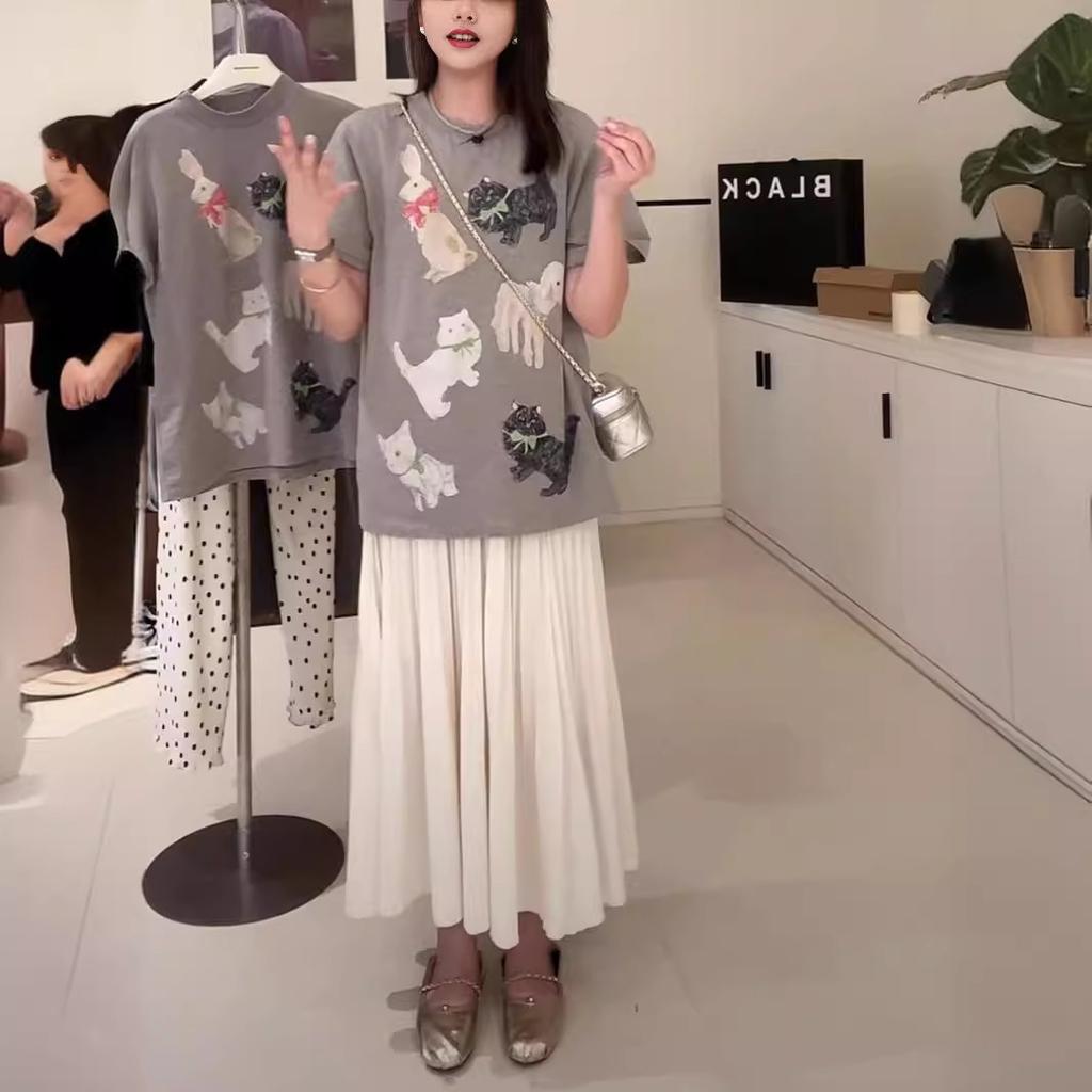 European retro pure cotton cartoon dog cat print short-sleeved T-shirt women's summer loose large size versatile top tide