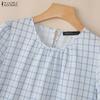 ZANZEA Women Plaid Print Casual Round Neck Half Sleeve Splice Blouse