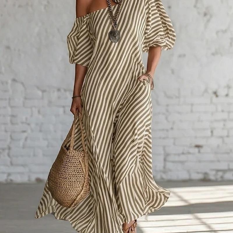 European Style Women Clothing Fashion Spring Elegant Striped Off-shoulder Maxi Dress