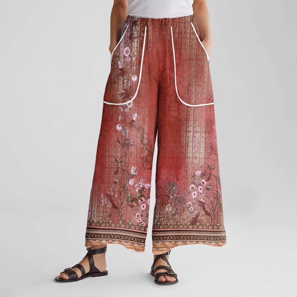 Damen Wide Leg Hose mit elastischem Bund, Retro-Print, großen aufgesetzten Taschen, Patchwork, lockere Hose