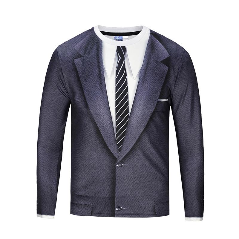 Men Fake Two-piece T-Shirts 3D Bow Tie Print Casual T Shirts Autumn Long Sleeve O-Neck Loose Cotton Tops Male Fake Suit Tshirt