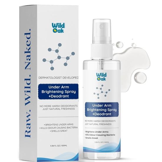 WildOak Underarm Brightening & Odour Control Spray | 100ml | Kills 99% Sweat Germs | Lactic, Glycolic & Kojic Acid | Brightens & Exfoliates Skin
