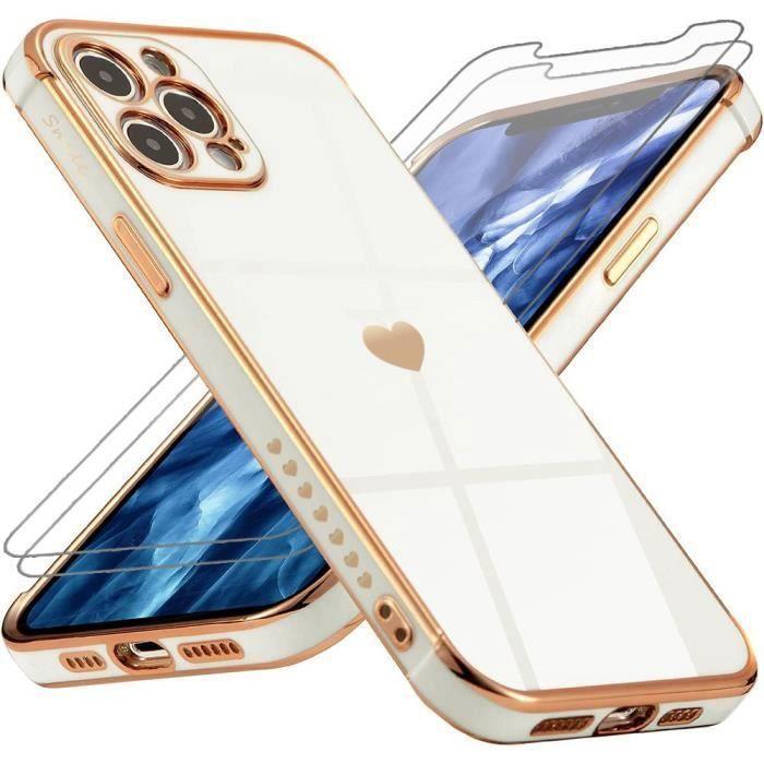 Coque de Protection - PROSHOP - iPhone 12 Pro - Blanc - Motif Cœur Luxe - Lot 2 Verres Trempés