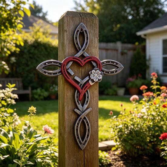 DYS Metal Horseshoe Heart Wall Cross Decor, Hanging Art, Decorative Cross, Rustic Spiritual Art Sculpture for Farmhouse Garden Yard Patio Fence