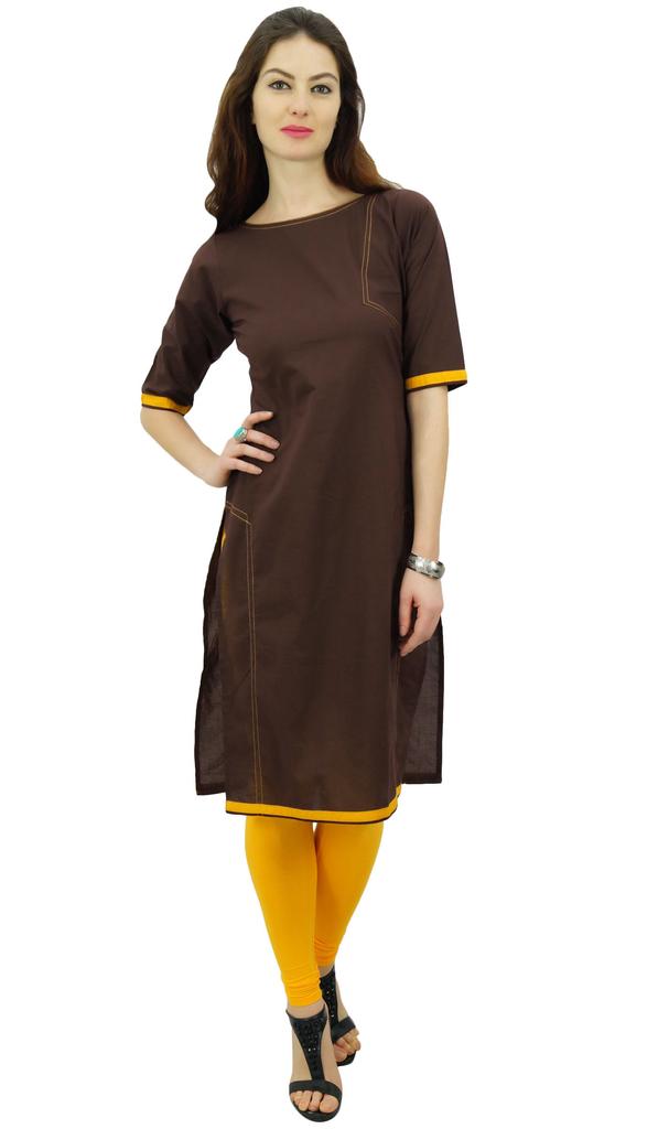 Phagun Indian Womena    s Solid Brown Kurti Cotton Tunic Regular Straight Kurta -
