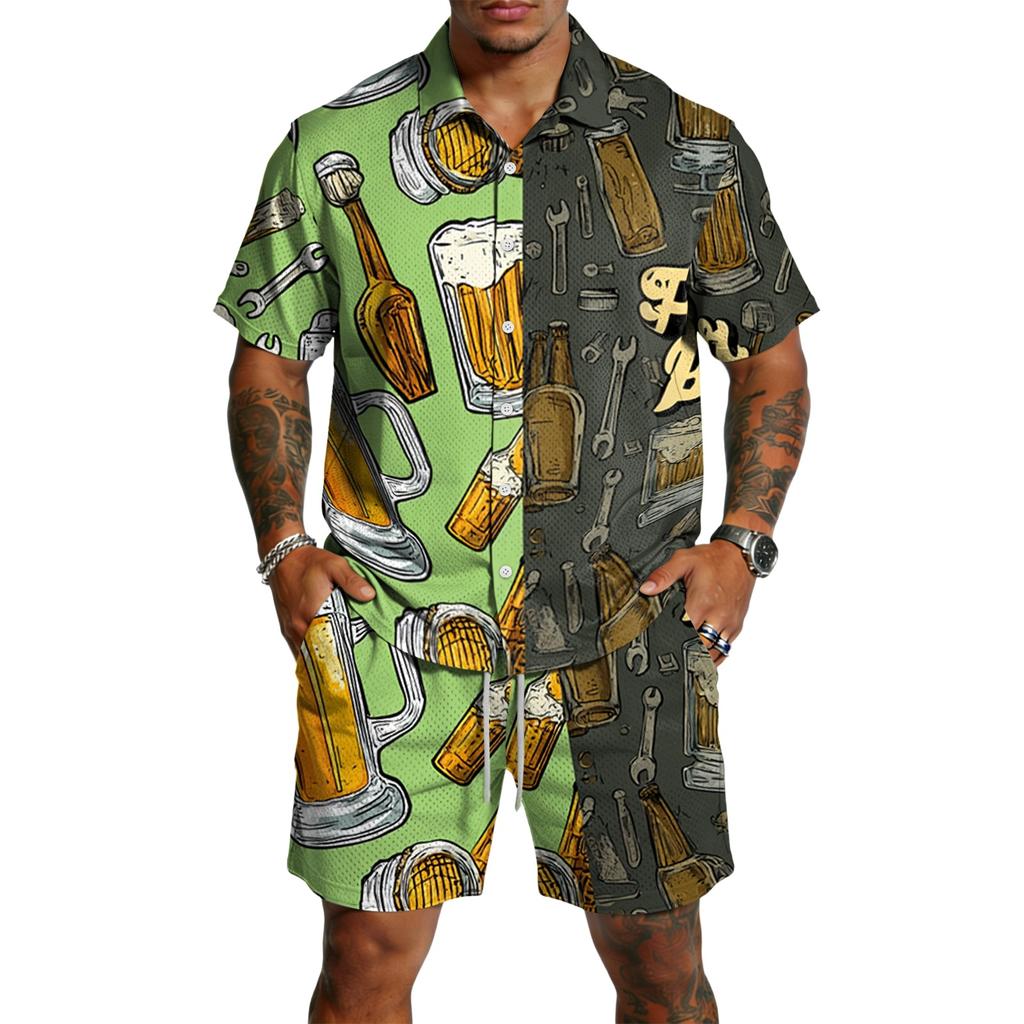 Conjunto de 2 piezas para hombre: Top casual ligero y transpirable de manga corta con estampado y pantalones cortos con cordón para verano