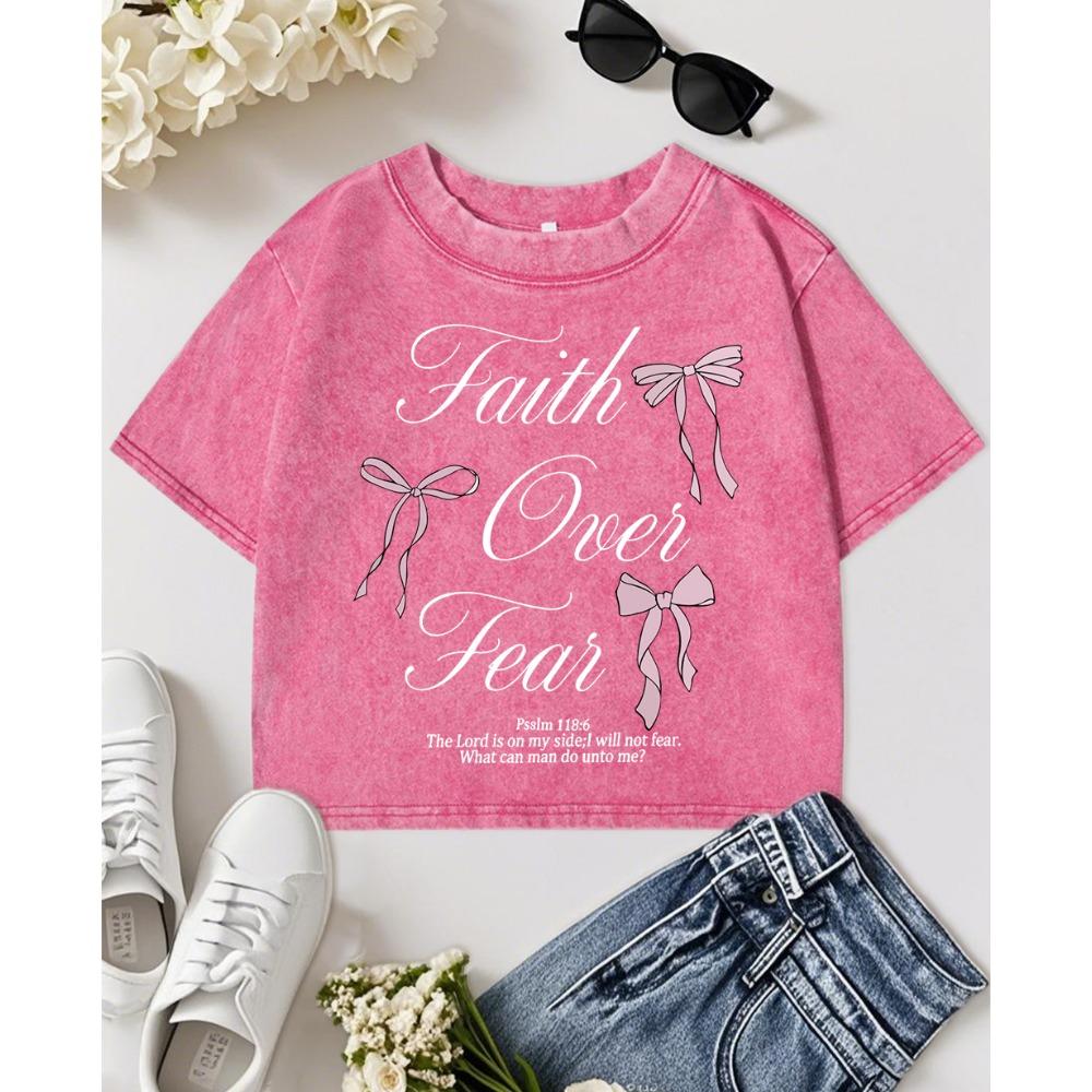 Pink Bow Faith Over Fear Print Washed Crop T-Shirt Women Summer T Shirts Cotton Slim Short Sleeve O-Neck T Shirt