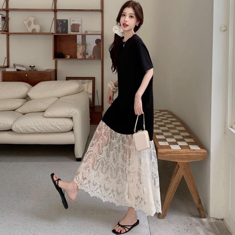 Vintage Lace Spliced Oversized Long Dress for Women Plus Size Summer Casual Loose Basic Dress