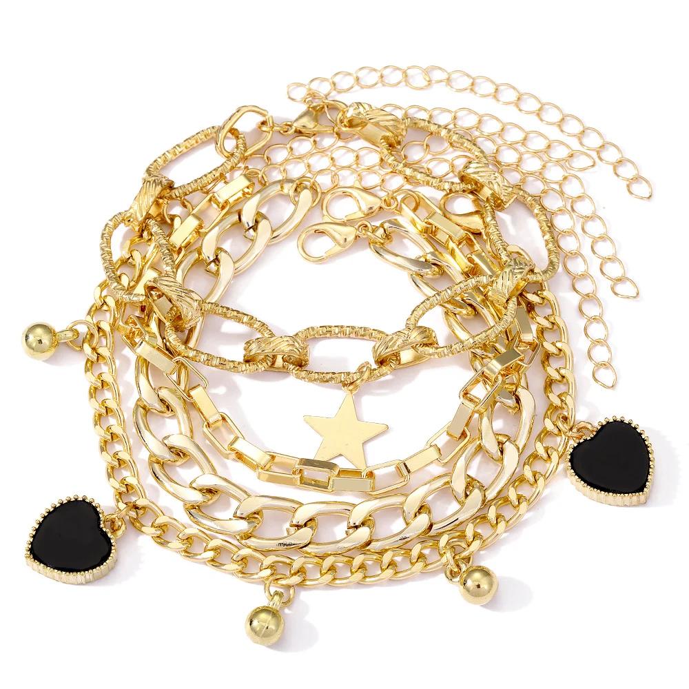 Punk Golden Metal Thick Chain Bracelets for Women Men Pentagram Heart Beads Pendant Charm Bracelet Set Fashion Jewelry