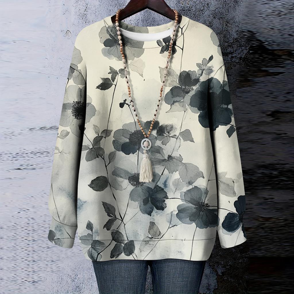 Women's Floral Print Round Neck Long Sleeved T-shirt Sweatshirt Top