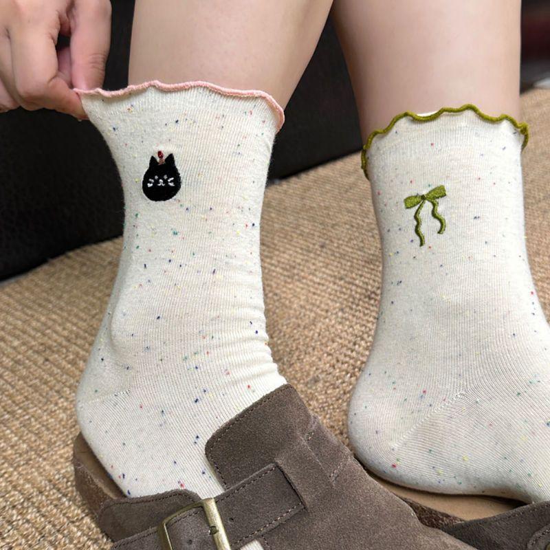 10 Pairs Socks Women's Mid-tube Socks Fungus Edge Autumn Cute Cartoon Ideas Sand Versatile Lace Bow Stockings