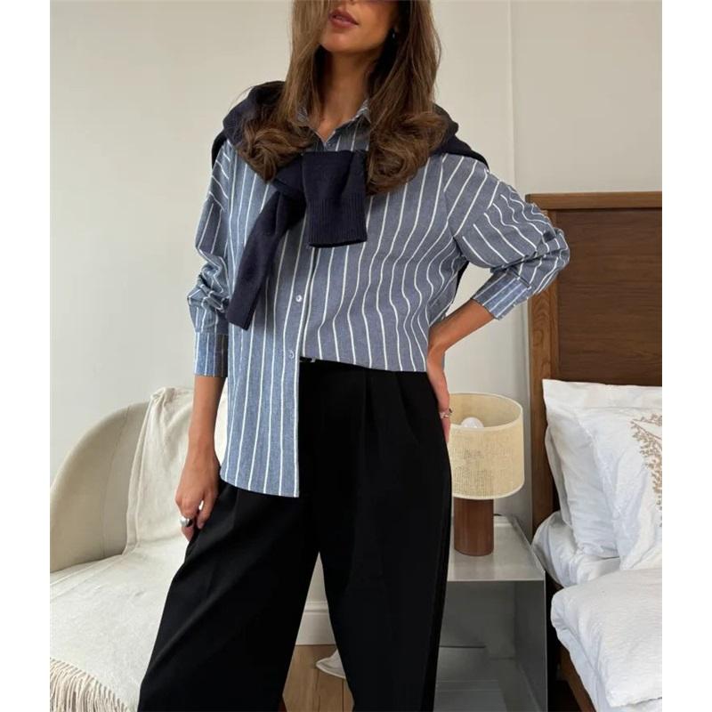 Women's summer striped shirt long-sleeved lapel loose shirt