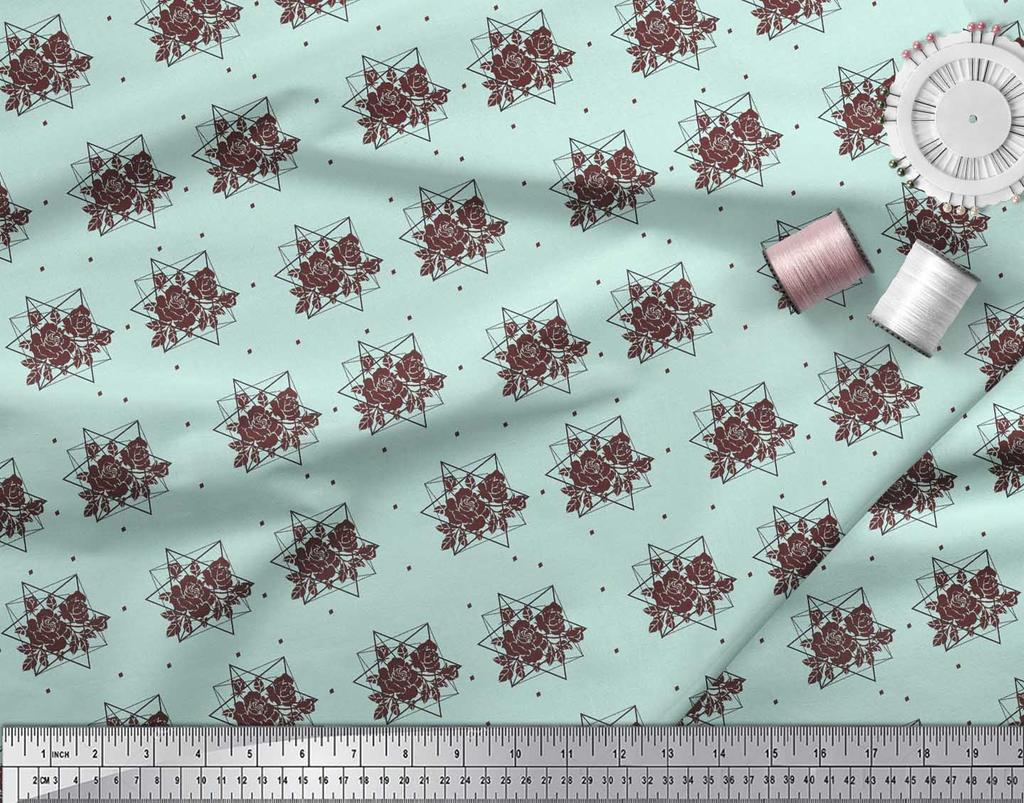 Soimoi Green Poly Crepe Fabric Geometric & Rose Floral Printed Fabric 1 Yard 42 Inch
