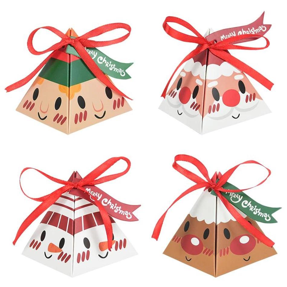 10 Pcs Cartoon Santa Paper Boxes Pyramid Triangle Ribbon Sweet Candy Paper Chocolate Packaging Box For Xmas New Year Party