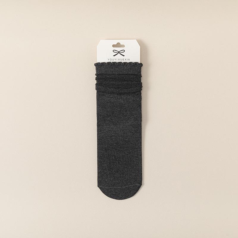 Grey Dui Dui Socks, Women's Mid-calf Cotton Socks, Summer Thin, Damp, Odor-proof, Boneless, White Black Fungus Lace Spring and Autumn Long Socks