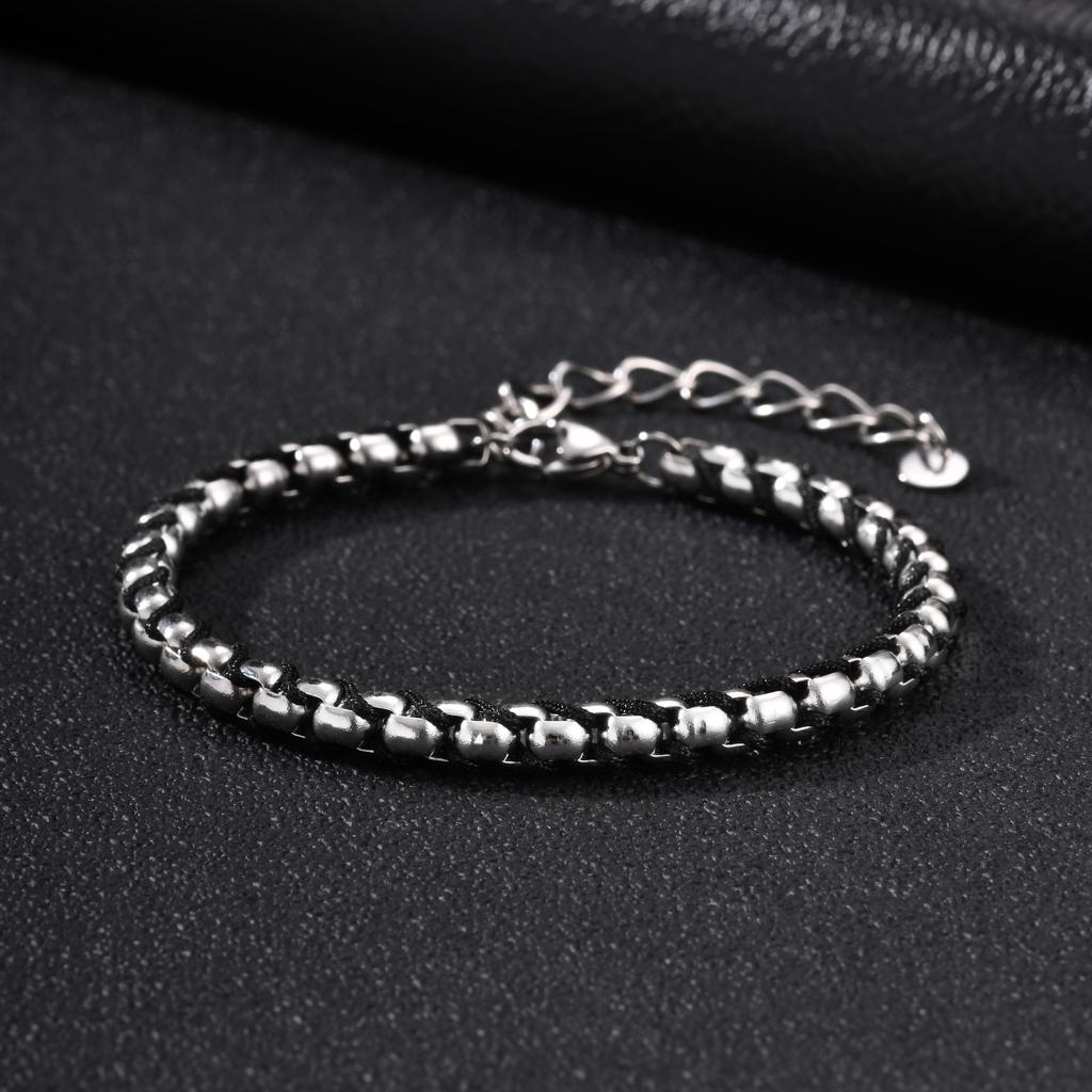 Black Silver Color Stainless Steel Box Chain Bracelets, Simple Punk Adjustable Chain Wristband,New Male Jewelry