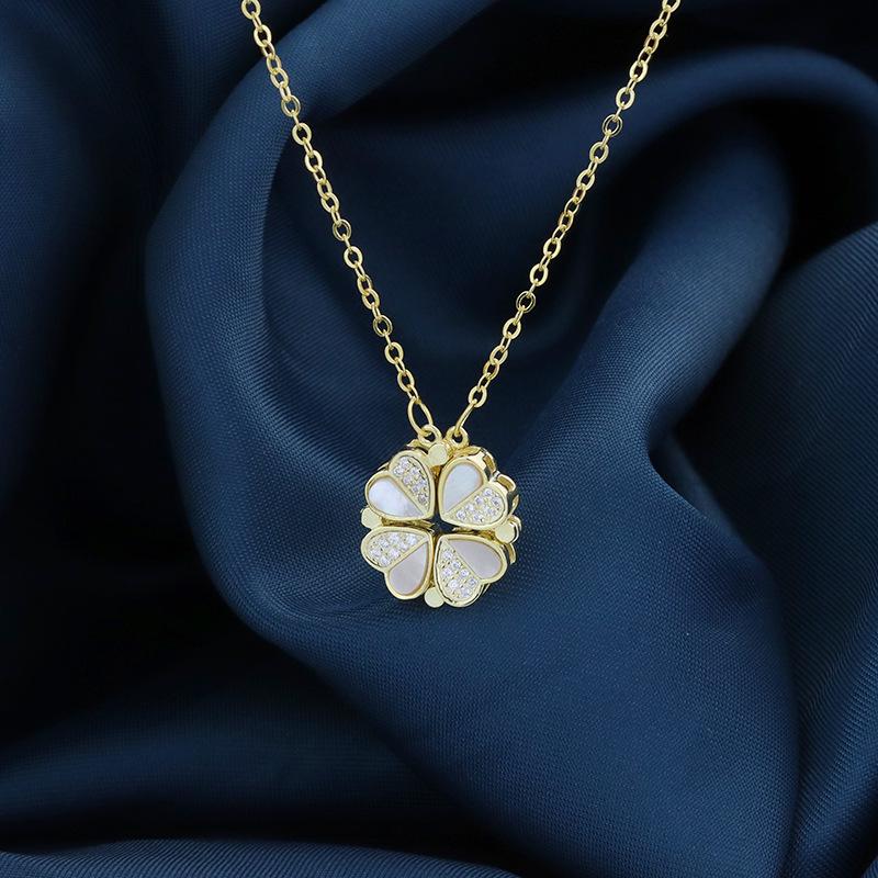

S925 Sterling Silver Four-Leaf Clover Heart Necklace with White Mother-of-Pearl: Women s Versatile Pendant Clavicle Chain. 925 Silver золотой