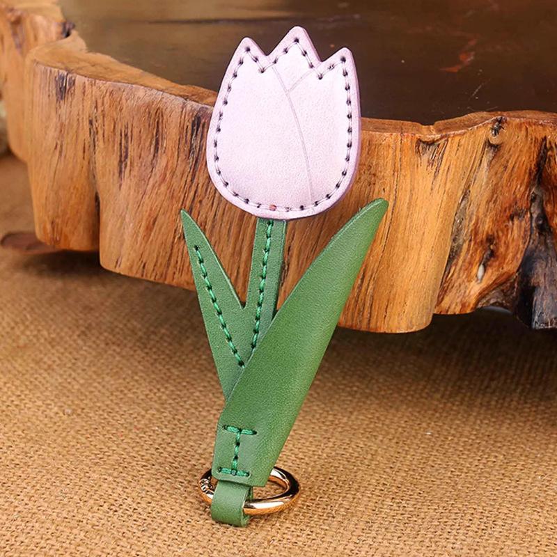 Pu Leather Tulip Flower Keychain Multi-Color Bag Pendant Vintage Cartoon Design Car Keyring Charm Gifts