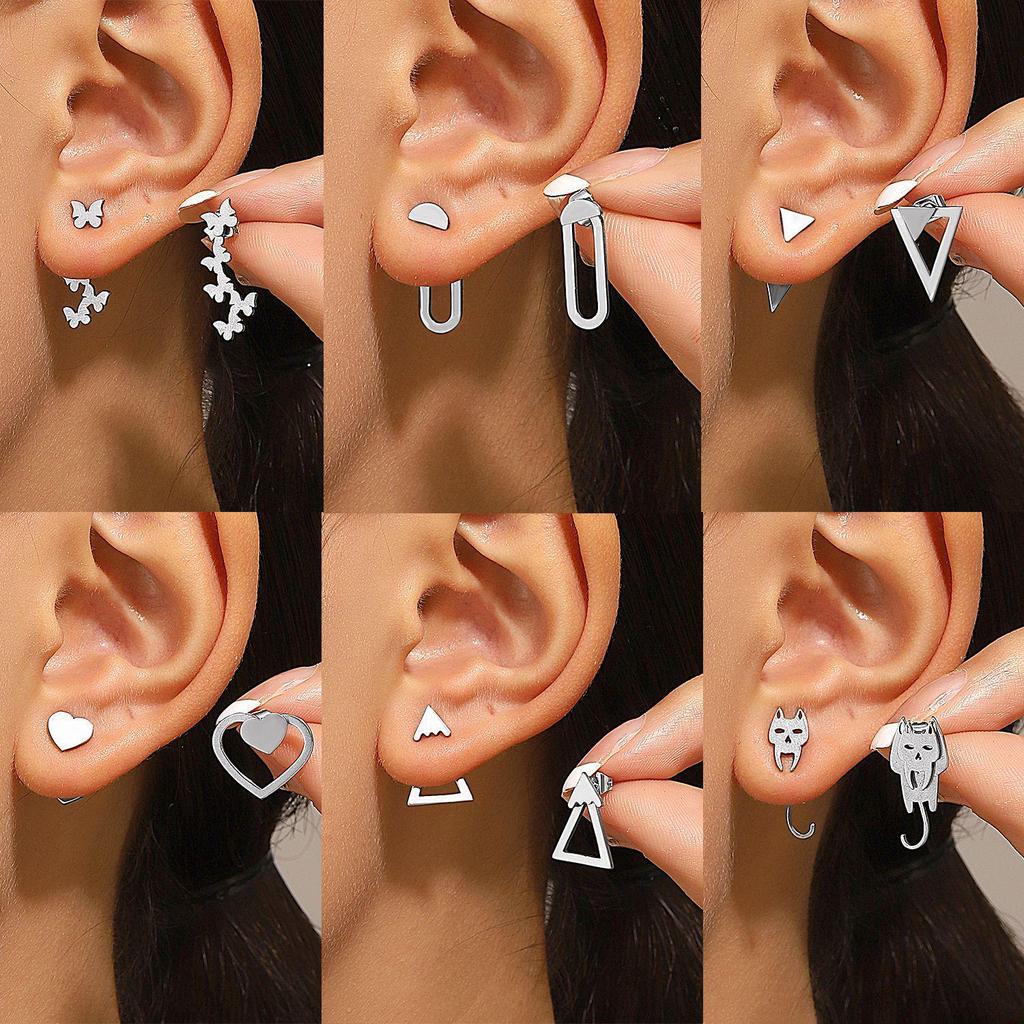 Evropské a americké minimalistické geometrické náušnice z nerezové oceli: Kočka, Motýl a Láska Vzory
