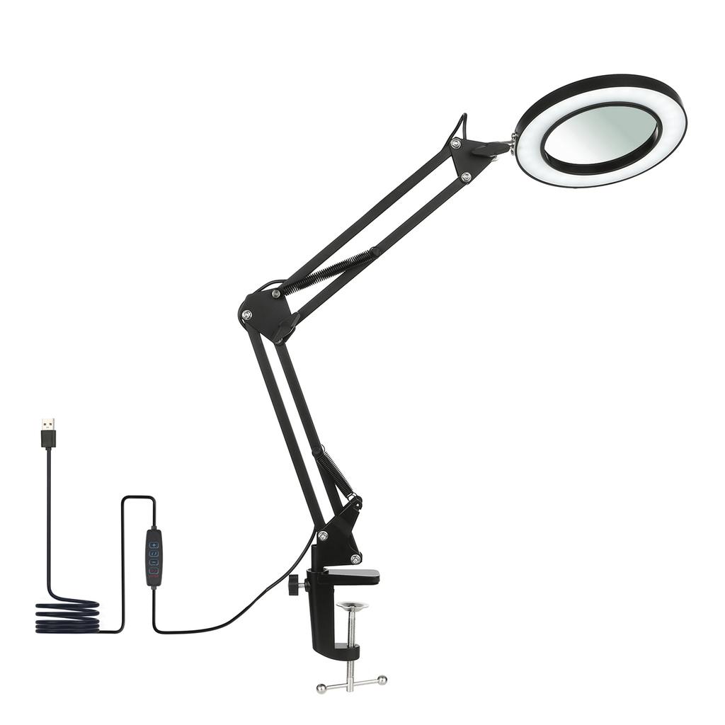 Flexible Clamp on Table Lamp with 8x Magnifier Swing Arm Dimmable LEDs Desk Light 3 Color Modes & 10 Brightness