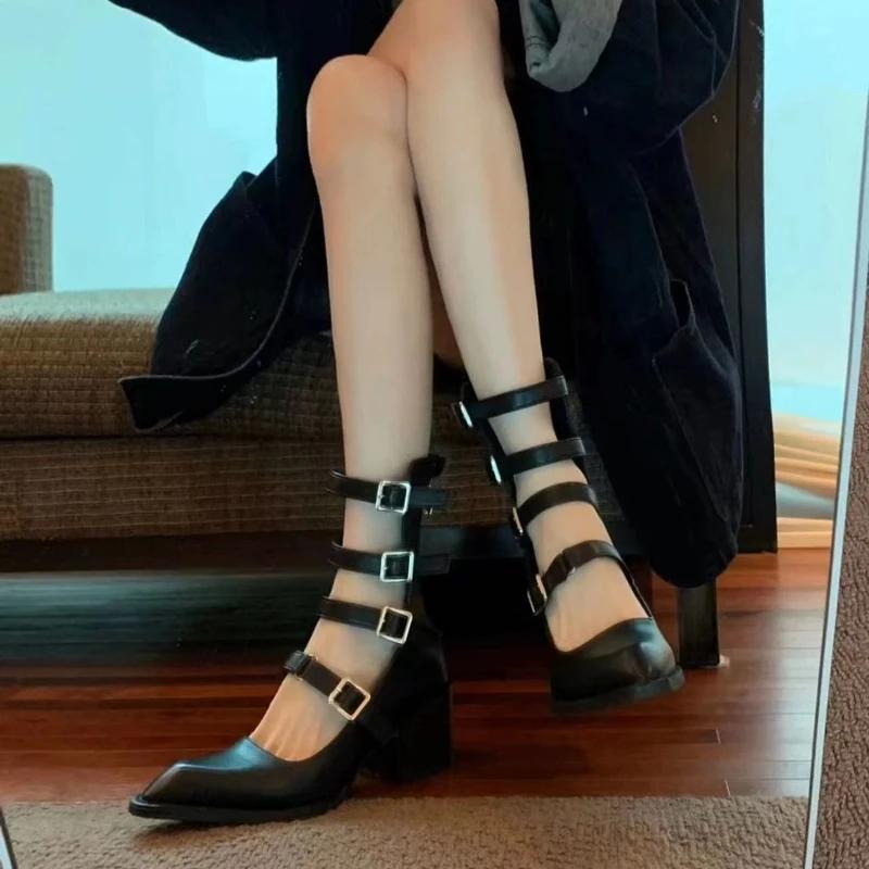 fashion Hot Selling Women's Shoes 2024 Summer Pointed Toe Solid Color Women's High Heels Fashion Buckle Square Heel Casual High Heels