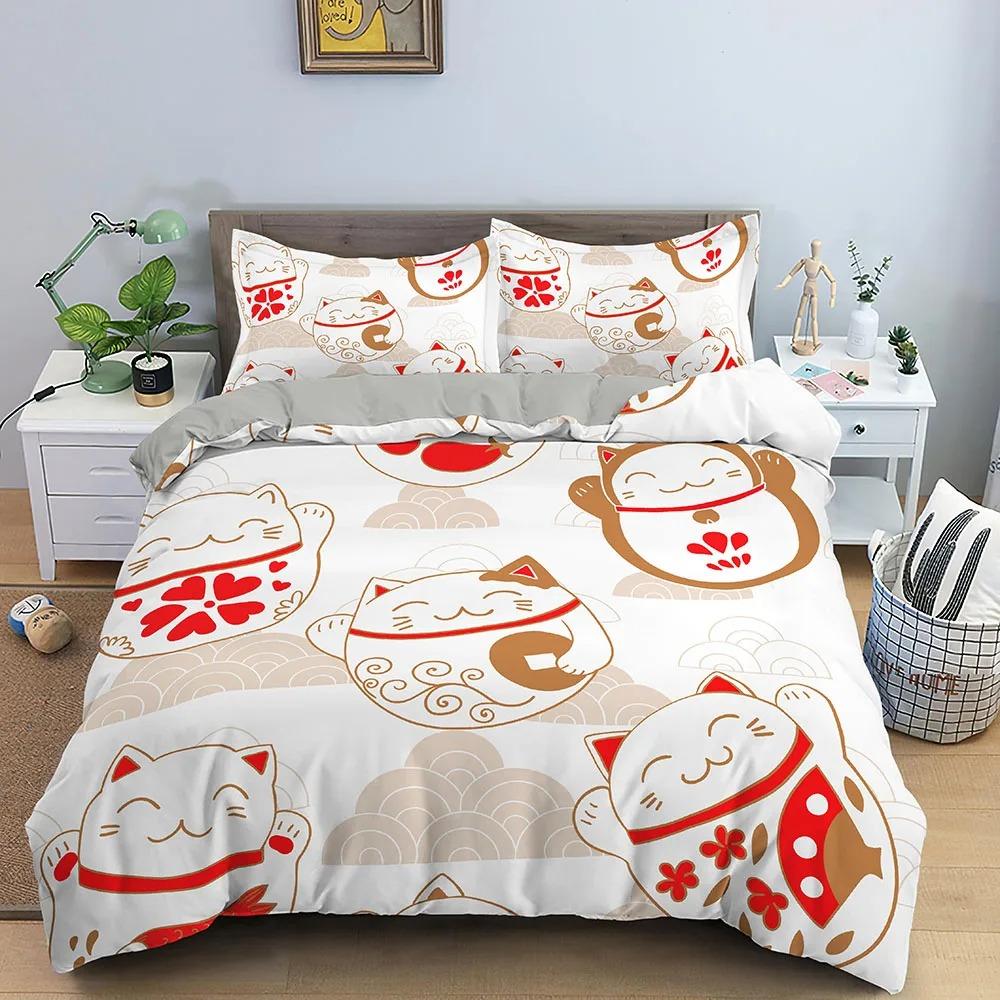 Japanese Doll Duvet Cover King Queen Lucky Cat Fan Bedding Set for Kids Girls Asian Japan Cultural 23PCS Polyester Quilt Cover