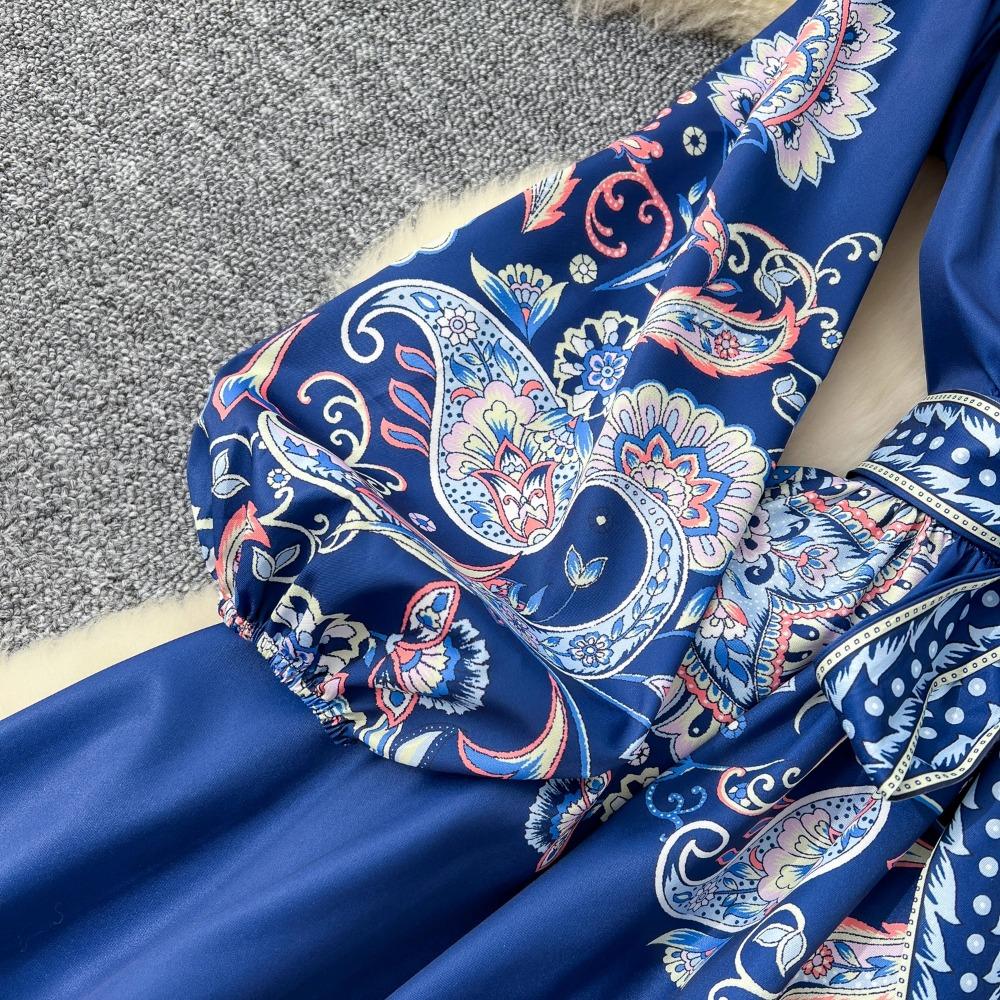 New Printted High Street Dresses For Women V Neck Long Sleeve Patchwork Sashes Temperament Dress Female Dresses