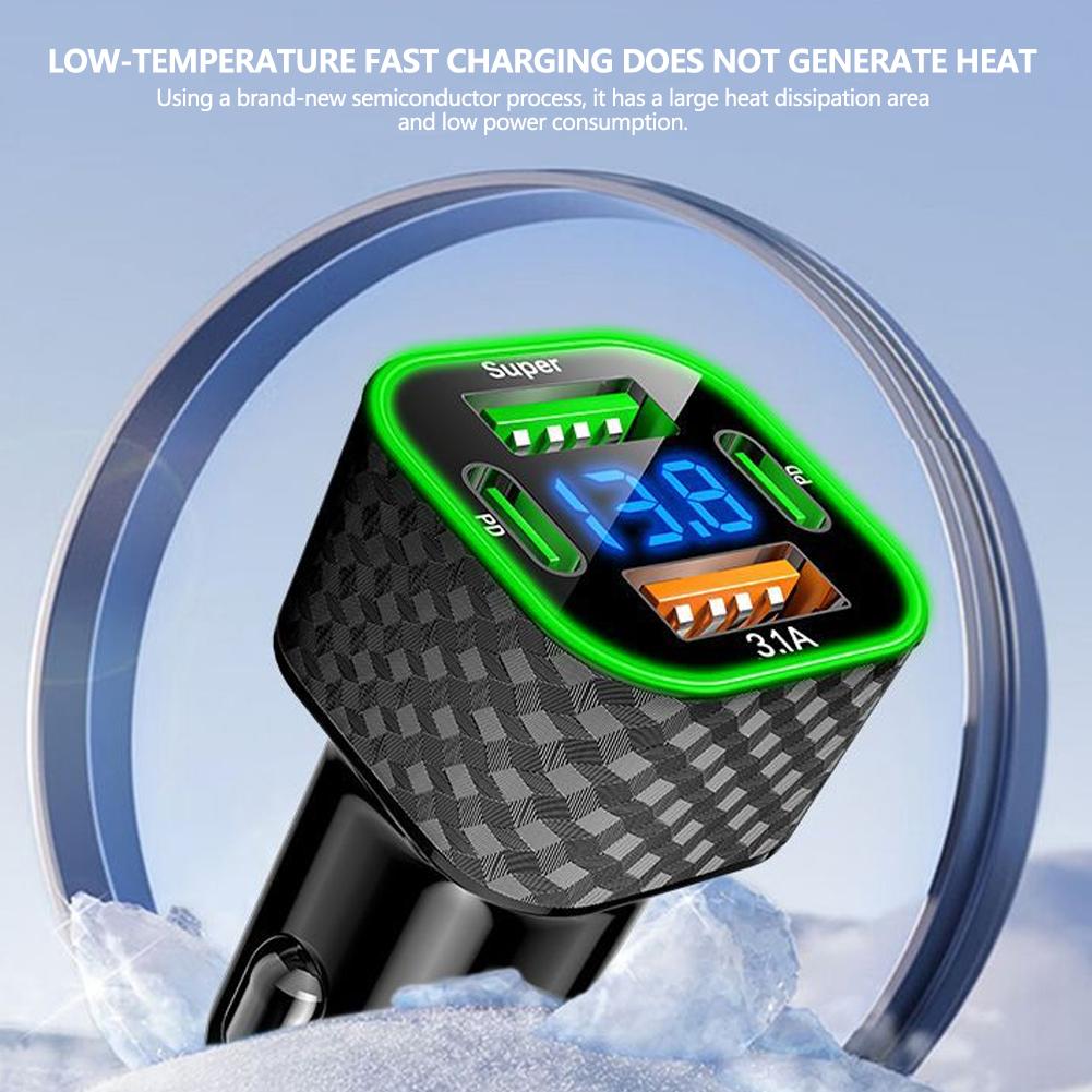 4 in 1 Car Charger Dual PD with Voltage Display USB Super Fast Charging Adapter for Smart Phone