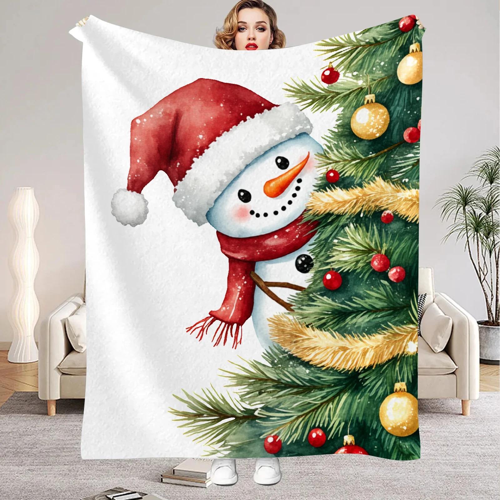 

1pc Merry Christmas Tree Snowman Printed Blanket Quality Soft Warm Throw Blanket Winter Kids Couch Bed Fluffy Bedspread New Year 70x100cm білий