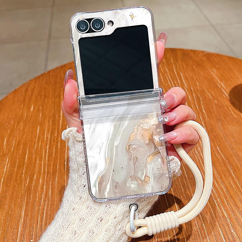 Marble Patterned Lanyard Phone Case For Samsung Galaxy Z Flip 7 FE 6 5 4 3 5G Folding Hard Clear Cover For Samsung Z Flip7 Flip6