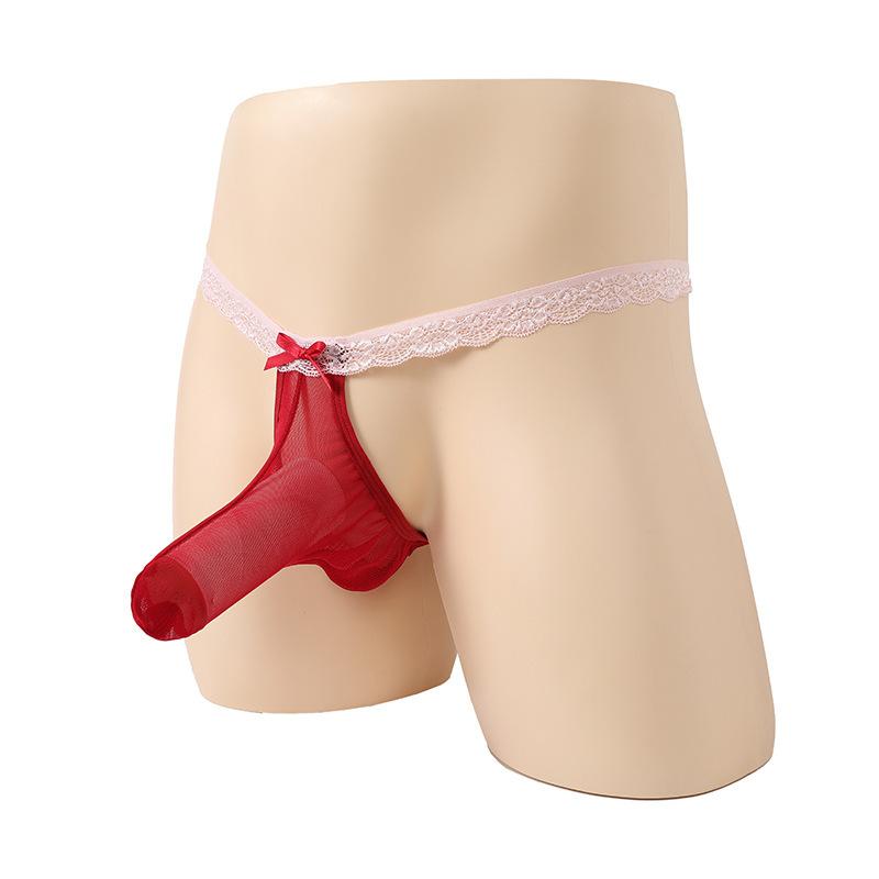 Bow Sissy Lingerie Men'S Sexy Elephant Nose Panties Mesh See Through T-Back Thong G-String  Stretch Long Penis Sheath Underwear