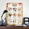 Japanese Sushi Types and Information Tin Plaque Poster Customized Wall Art Retro Vintage Metal Signs for Man Cave Office Decor