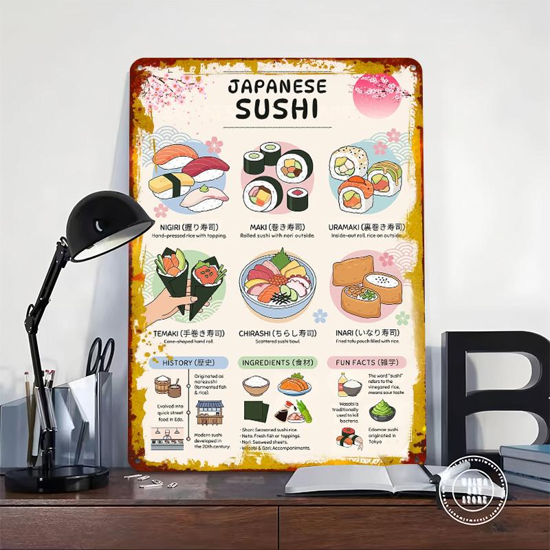 Japanese Sushi Types and Information Tin Plaque Poster Customized Wall Art Retro Vintage Metal Signs for Man Cave Office Decor
