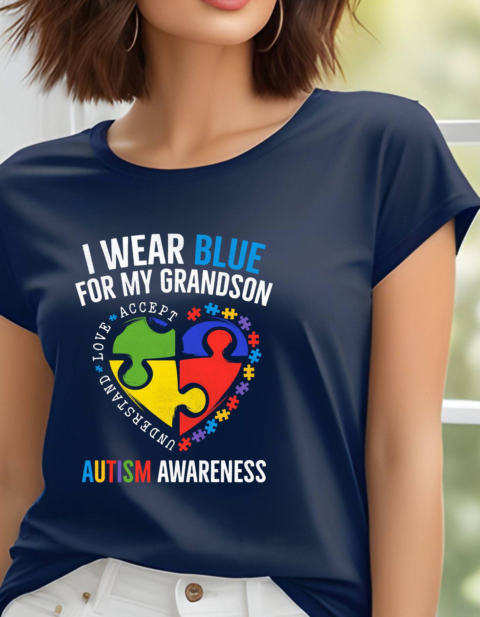 Autism Awareness Tee - I Wear Blue for My Grandson, Support Autism Acceptance, Gift for Grandparents, Family Love, Blue Puzzle Heart 3XL