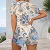 Women Plus Size White Blue Paisley Floral Printed V Neck Short Sleeve Button Front Fitted Romper