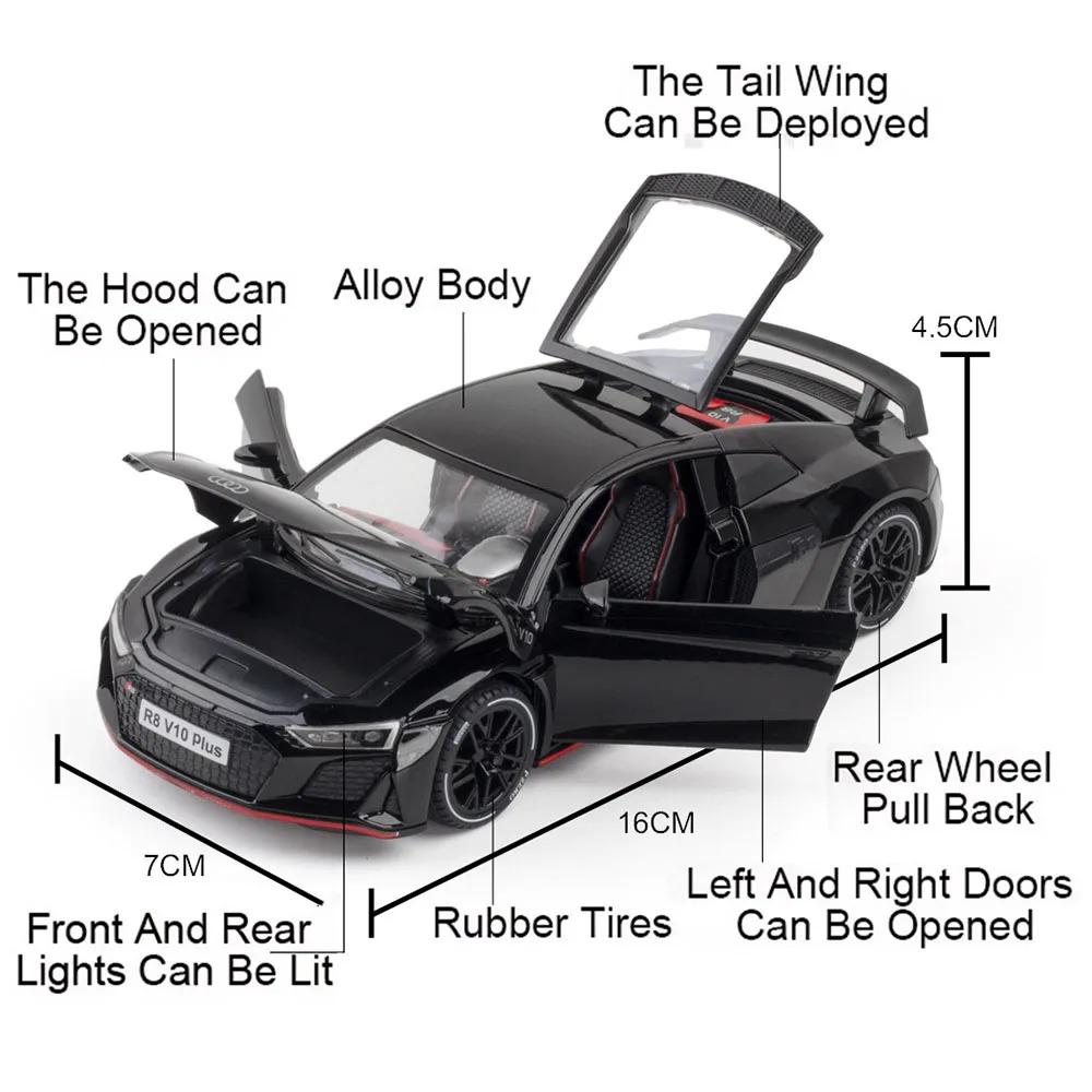1:24 RS7 R8 V10 Cars Toys Alloy Diecast Models Light Sound Rubber Tires Vehicle Wheel Pull Back Miniature Car Kids Perfect Gifts