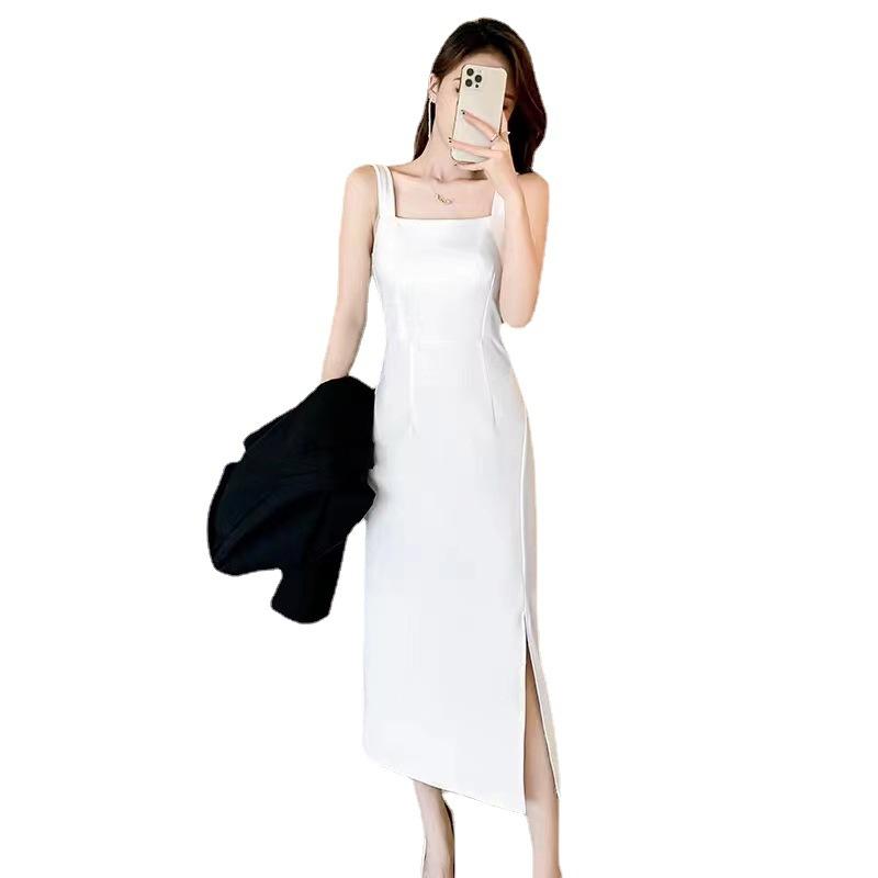 New strap skirt summer temperament thin suspender dress women's summer inner wear medium and long split black
