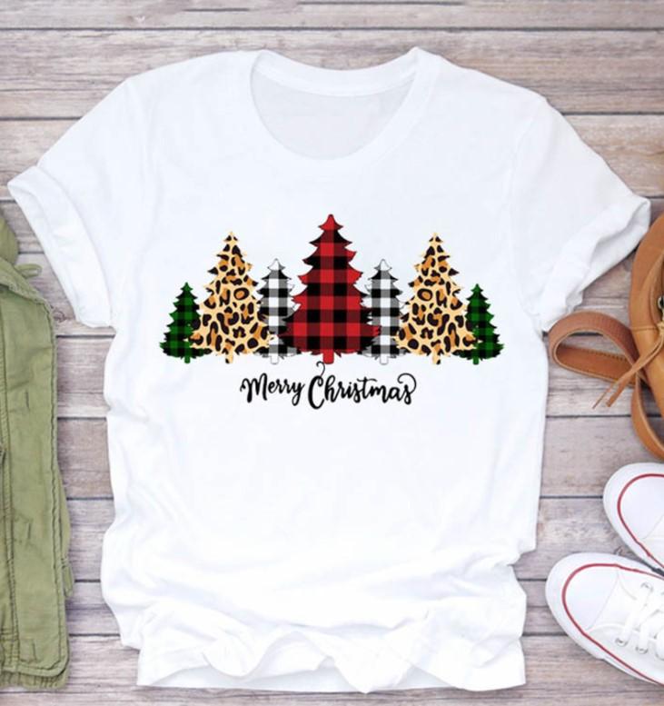 Casual Leopard Merry Christmas Tree Graphics Women T-Shirt 90S Kids Summer Shirts Loose White Female Tops Cute Children Clothes